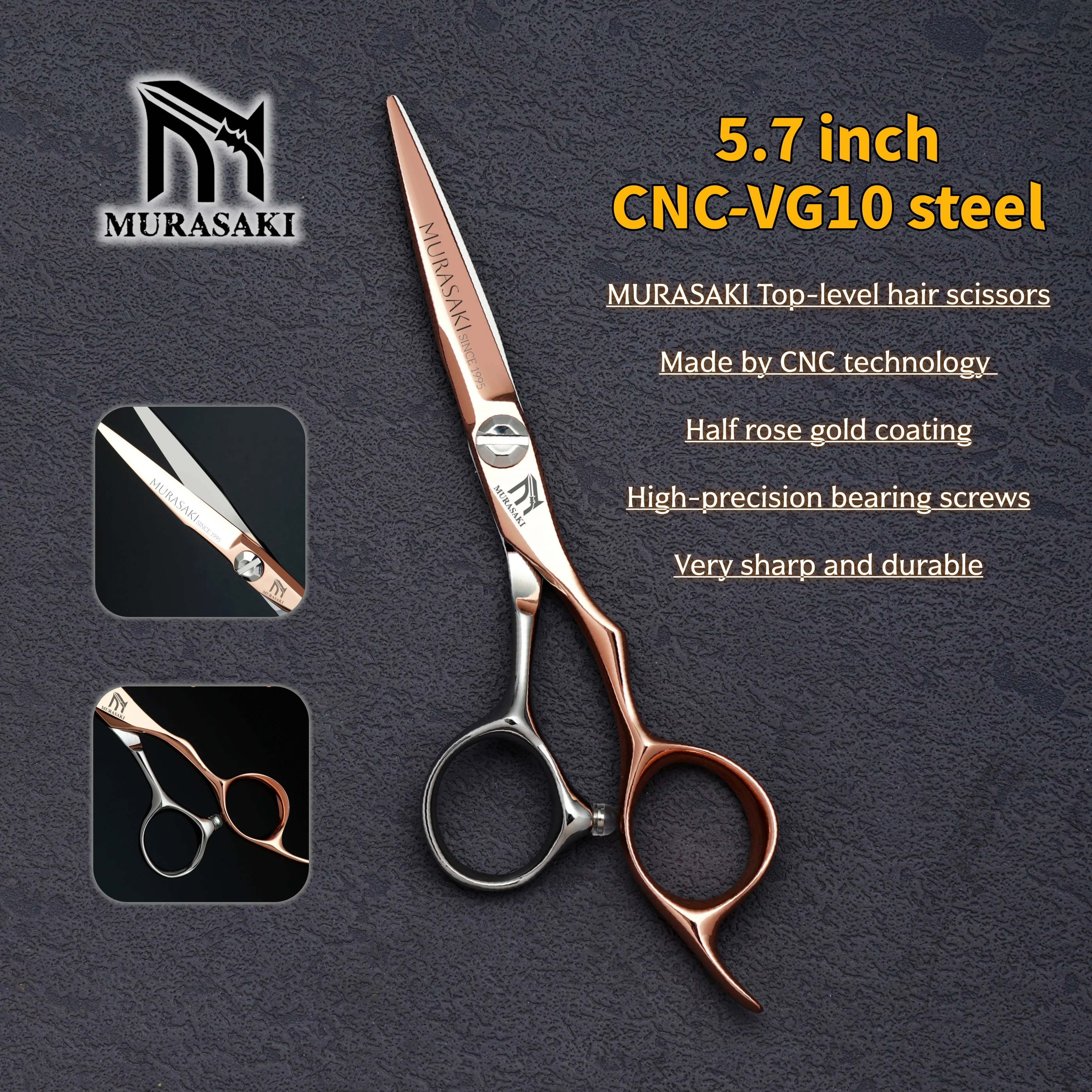 

Профессиональные парикмахерские ножницы MURASAKI, ножницы для стрижки волос с покрытием из розового золота, аксессуары для парикмахерских из стали VG10 высшего качества.