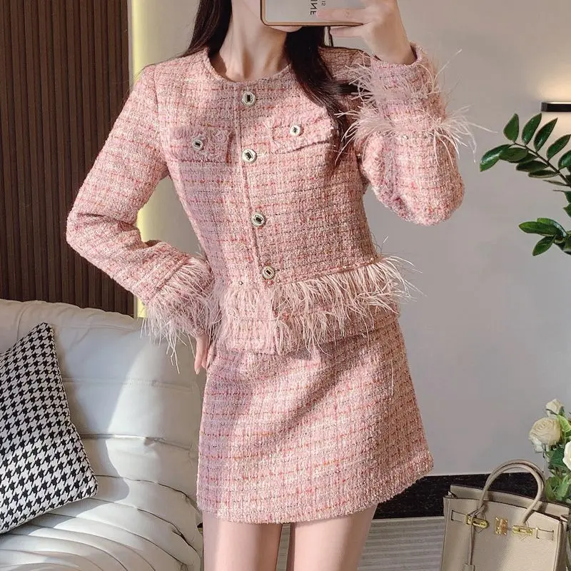 Women's Feather Tassel Tweed Coat+High Waist Slim Fit Skirt 2 pcs Set New Spring and Autumn Small Fragrant Style Set