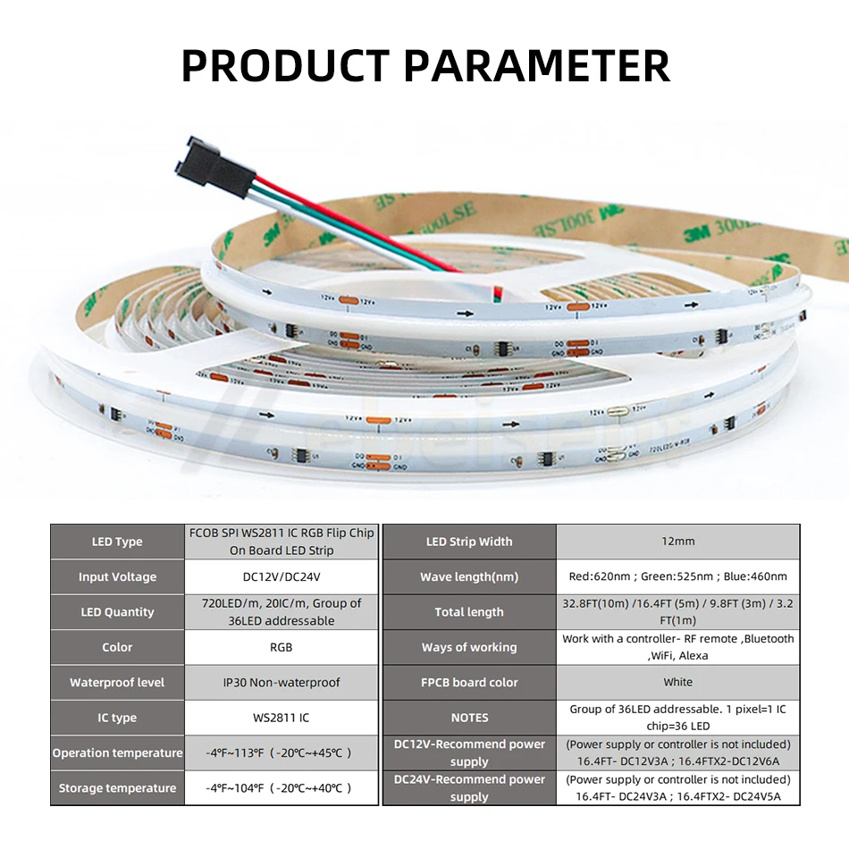 Imagem -02 - Spi Rgb ic Led Faixa de Luz Fita Endereçável Cor dos Sonhos Alta Densidade Flexível Fcob Cob 720 Leds Ws2811 dc 12v 24v Ra90