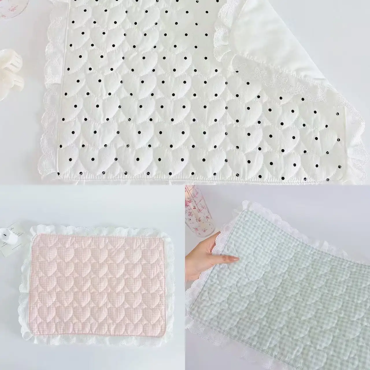 Kawaii Original Spitzenherz Gestepptes Reines Baumwoll-Tischset im koreanischen Stil, süß, hitzebeständig, wasserdicht, Fotorequisite, niedliches Geschenk – Detail 5