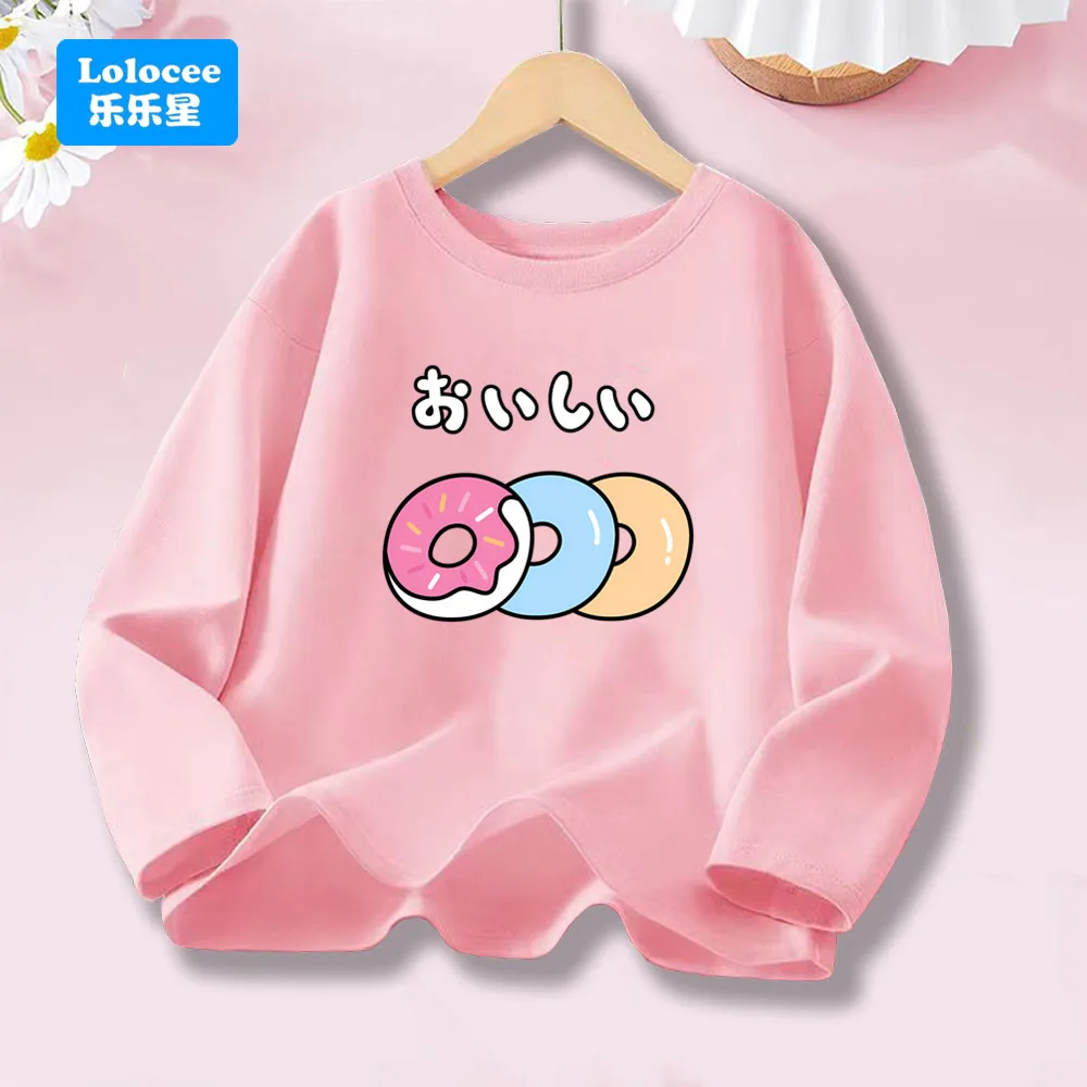 Lolocee Langarm-T-Shirt für Kinder, süßer Donut-Druck, lässiger Pullover mit Rundhalsausschnitt für Mädchen, Frühlings-Herbst-Top für Mädchen TTQ1
