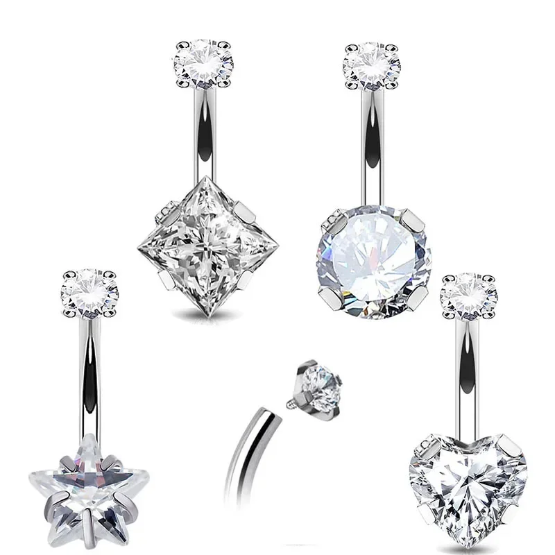 ASTM F136 Titanium Internal Thread Navel Piercing Dangle Body Sexy Belly Button Rings Zircon Square Heart Prong Set Navel Rings