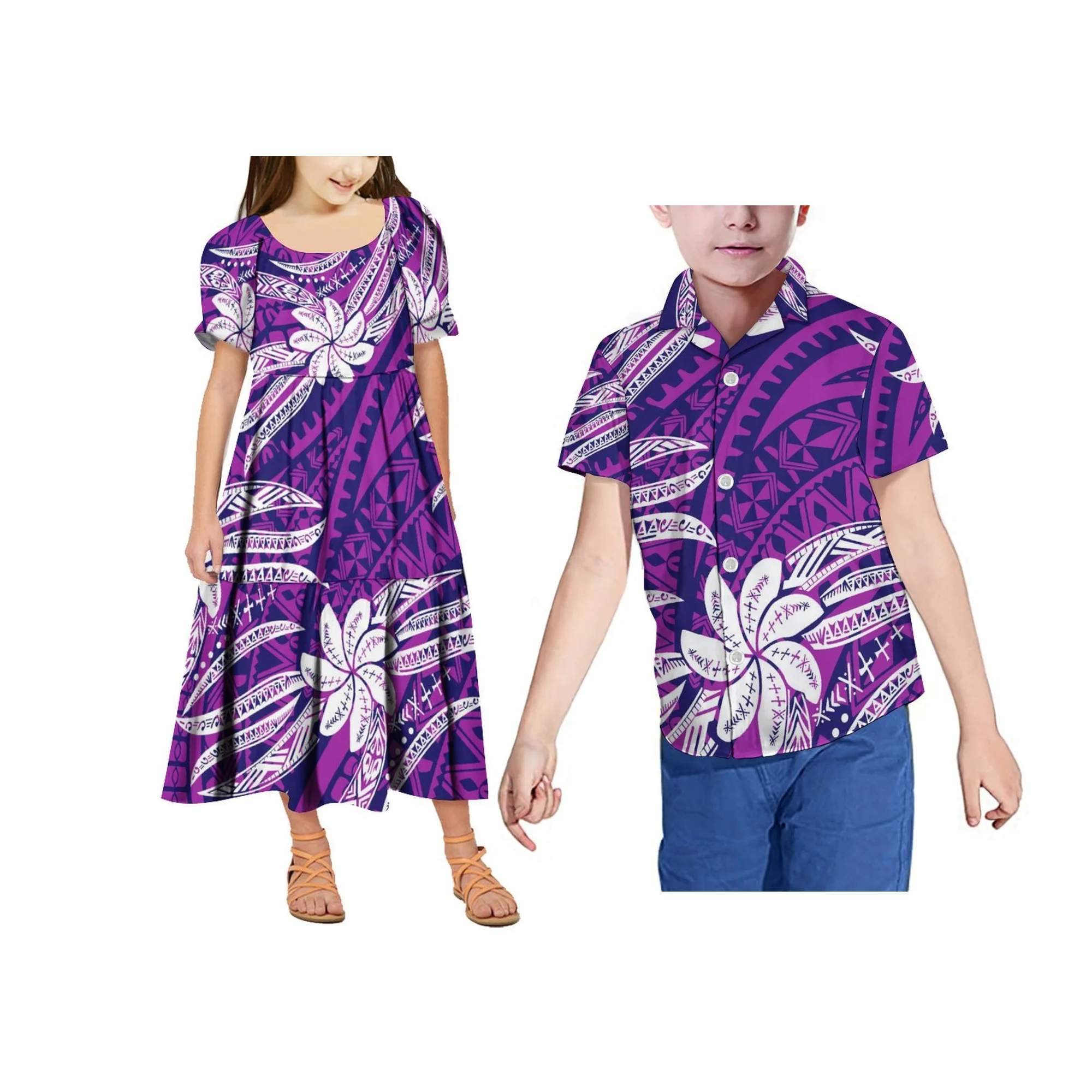 Novo estilo havaiano polinésia tribal impressão personalizado verão bebê menina vestido de manga curta inchado em camadas crianças vestido casual