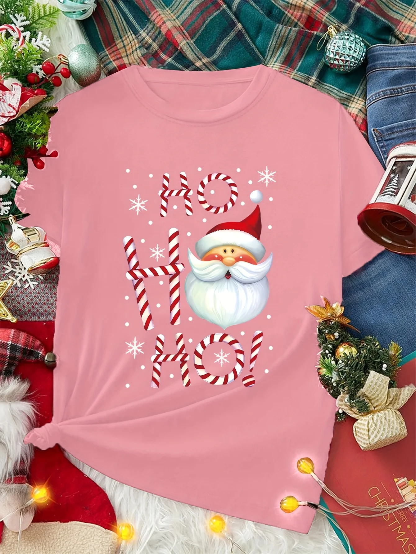 Women Tee Santa Claus Ho Ho Ho Candy Cane Snowflake Christmas Graphic Print Round Neck Short Sleeve Soft Ladies Casual Shirt