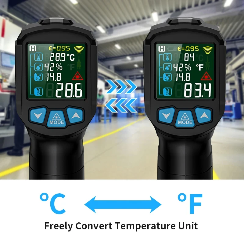 Cyfrowy termometr na podczerwień bezkontaktowy laserowy miernik temperatury pirometr higrometr IR Termometro Alarm świetlny LCD