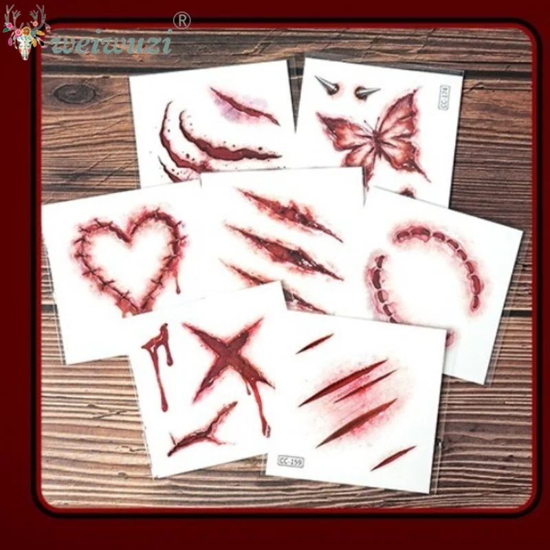 Halloween Temporary Tattoos Matte Makeup Horror Bloody Scar Waterproof Face Stickers for Party Cosplay Costume Face Decorations