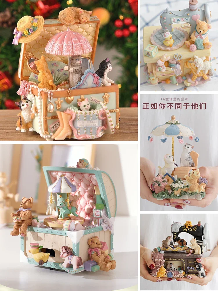 Retro Cat Music Box Music Box Birthday Gift Girl Bestie Couple Girl Heart Wedding Decoration Carousel Music Box Kids Day Gift