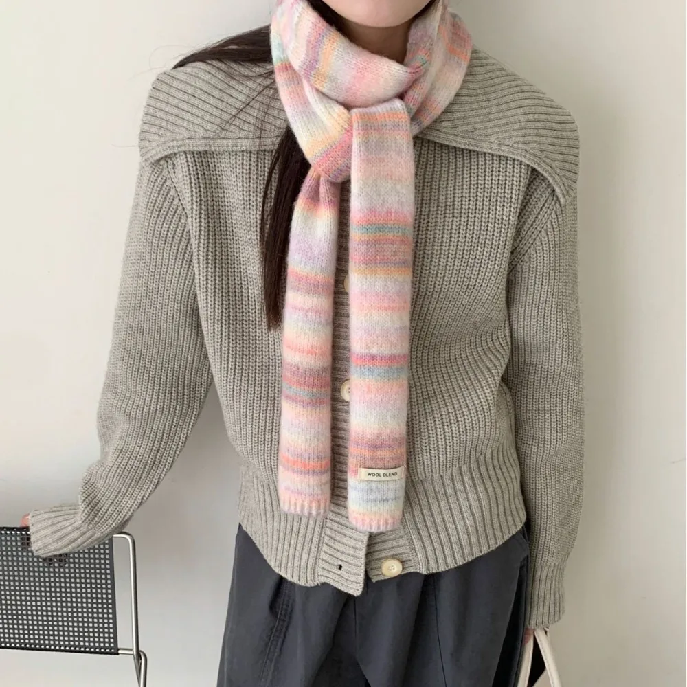 

Fashion Korean Style Rainbow Striped Scarf Plush Thickened Cashmere Knitted Scarf Neck Warmer Windproof Winter Shawl Daily