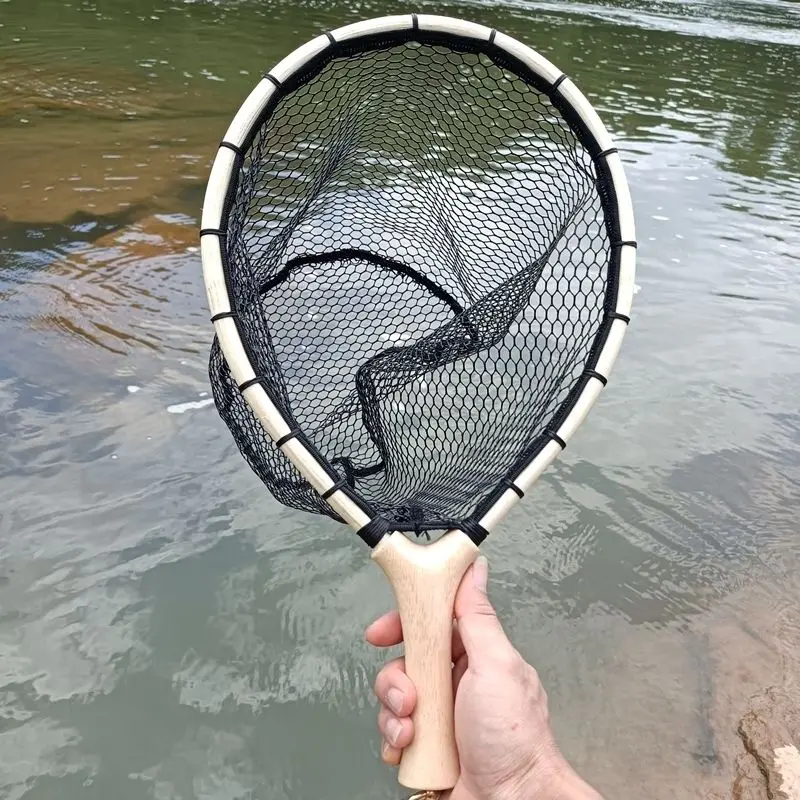 Fly Fishing Landing Nets Wooden Handle Nylon Landing Handle Trout Mesh Fish Catch Release Scoop Straight/bent handle Nets