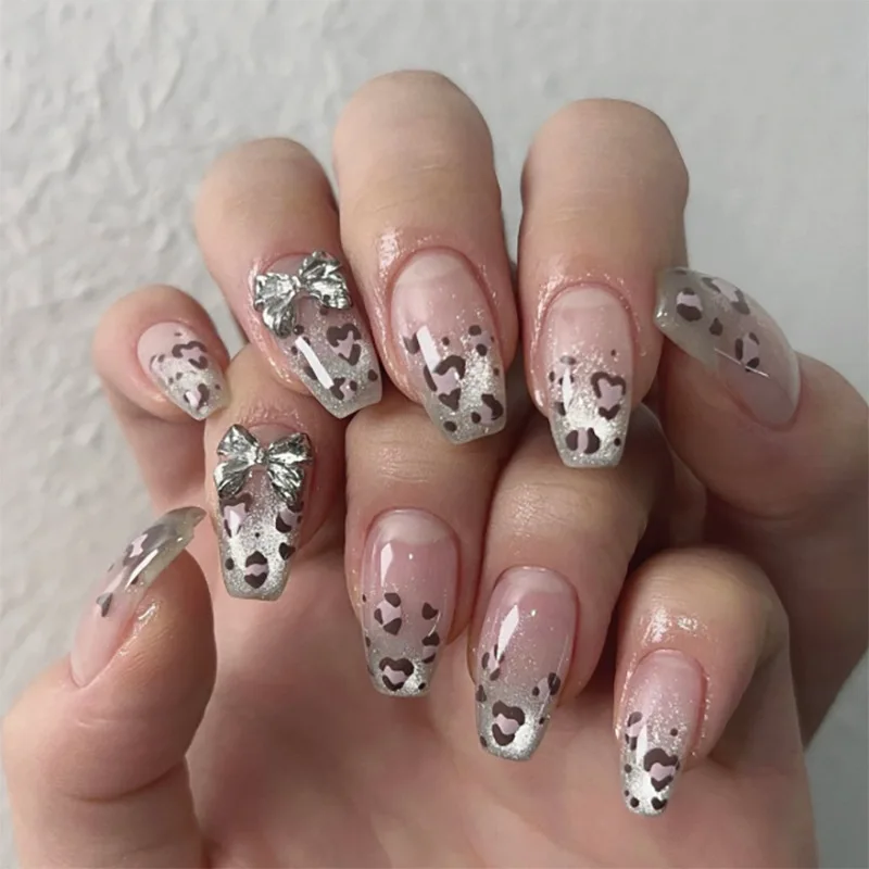 

24Pcs Cat's Eye Leopard Print Gradient Fake Nails Mid-length Ballet Press on False Nails 3D Bow Detachable Full Cover Nails Tips