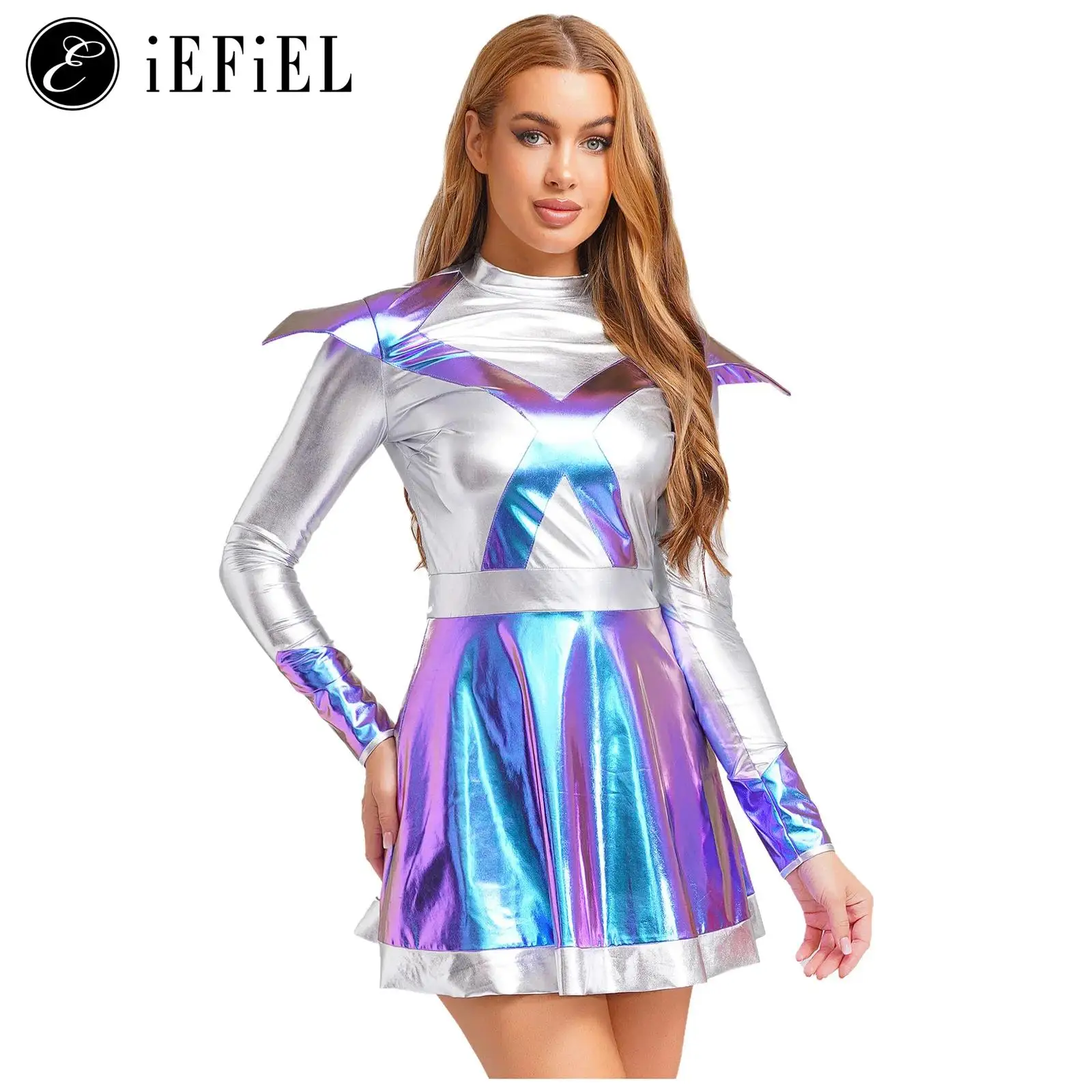 

Woman's Outerspace Astronaut Alien Robot Cosplay Costume Metallic Cap Long Sleeve A Line Dance Dress for Theme Club Party