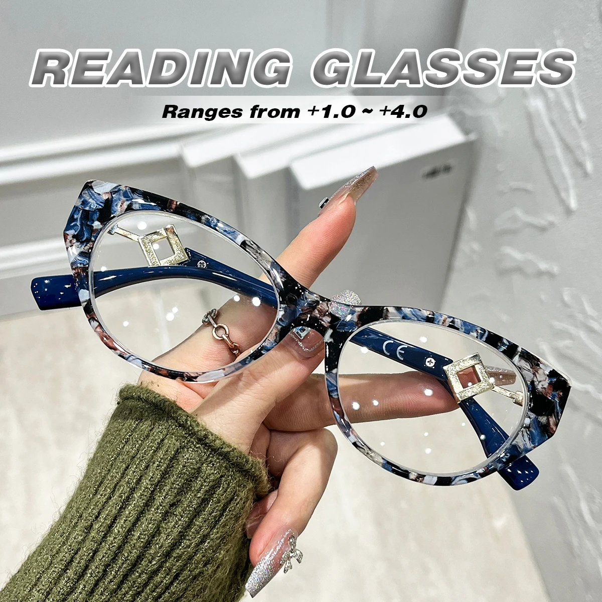 WEIPO Vintage-Lesebrille mit Blumendruck, Cat-Eye-Design, Weitsichtbrille, modisch, für Damen und Herren, verschreibungspflichtig, Presbyopie