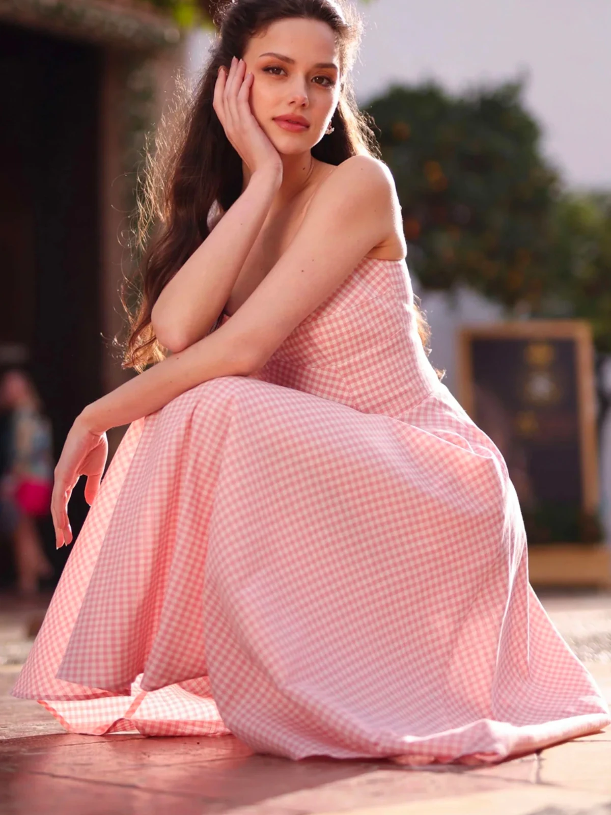 

French Style Holiday Vibes Plaid Slimming Cotton Midi Strapless Dress Breathable Comfortable A-Line Skirt for Casual Da...