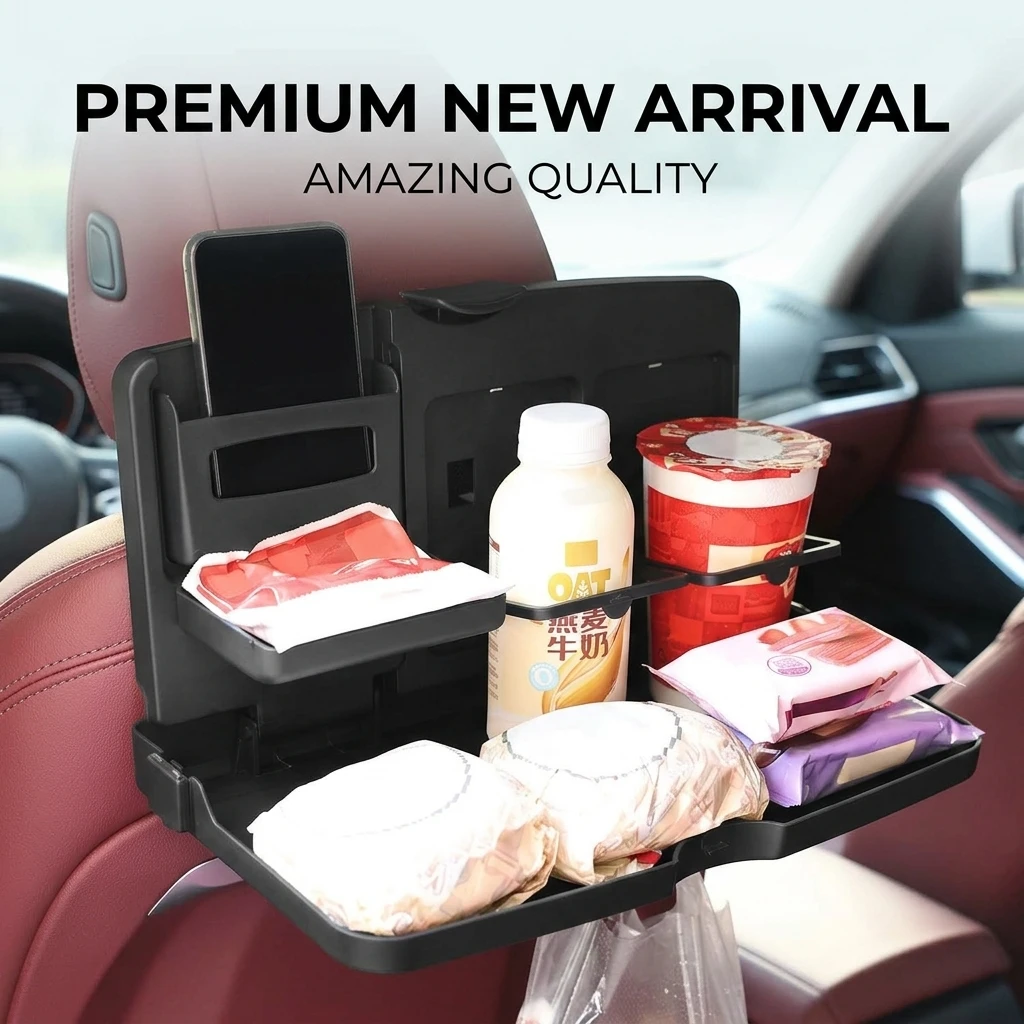 Car Back Seat Folding Table Multi-functional Meal Tray Organizer with Phone Holder for Snacks Drinks