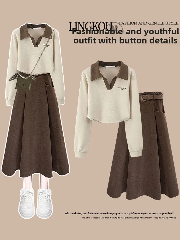 

Vintage High Waist Skirt And Long Sve Top Women's Faion Set Slimming Effect Spring Autumn Casual Wear Two Piece Set