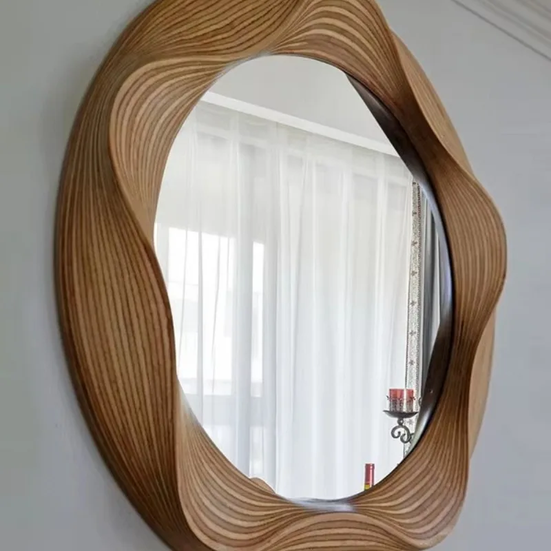 Retro alien shape wooden bathroom mirror wall-mounted anti-fog LED light touch control toilet mirror