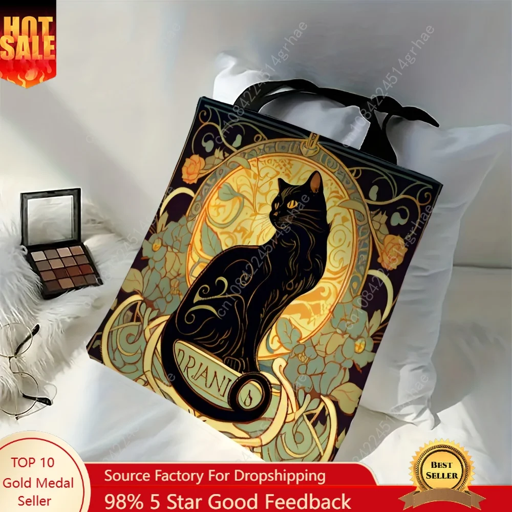 Tas Jinjing Kucing Hitam Retro Art Noble, Tas Selempang Modis, Tas Belanja Ringan Harian Bahan Linen 40X40CM