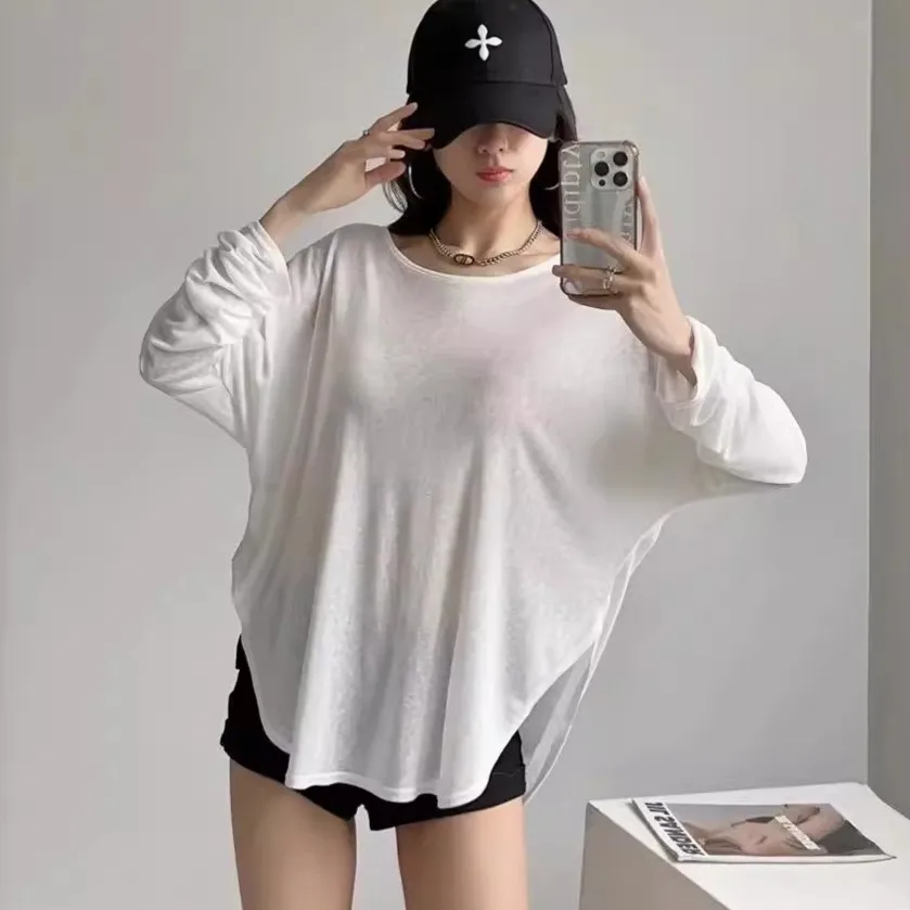 Women's Loose Fit Round Neck Solid Color Sheer Knit Blouse with Back Cut Out Hip Length T-shirt Woman Women's Shirt Oversized