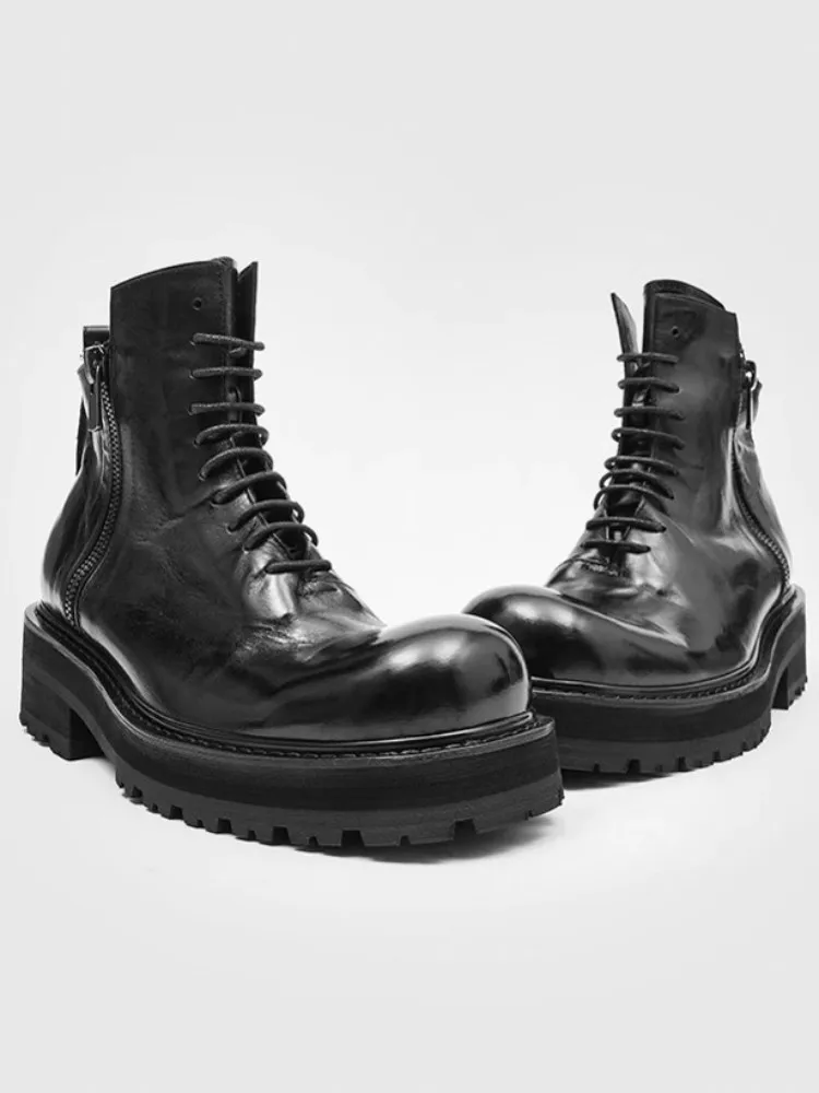 Mens British Style Black Horsehide Platform Round Toe Boots Retro Daily Leisure Height Increase High Top Shoes High Quality