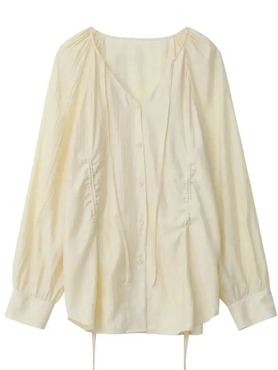 

CHIC VEN женская свободная рубашка на шнуровке, однотонная новая корейская плиссированная блузка реглан с v-образным вырезом и длинными рукавами, женские топы, весна-лето 2025