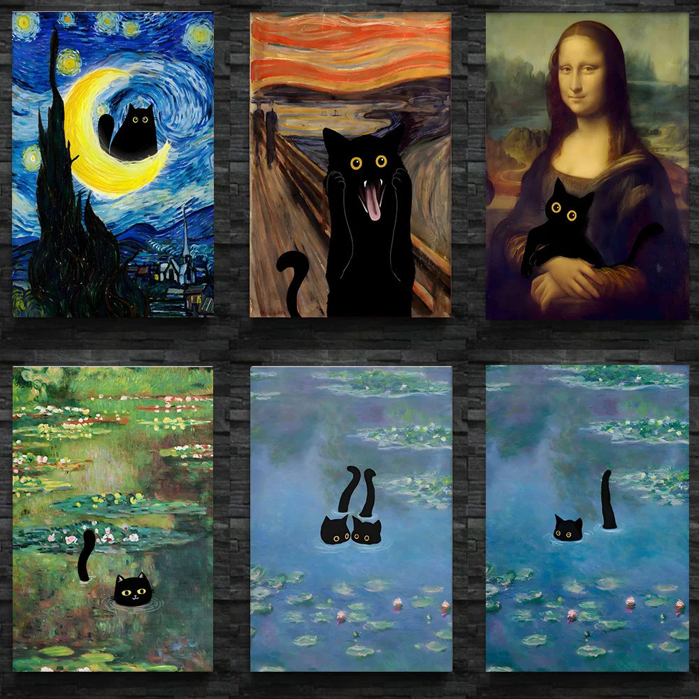 Funny Van Gogh the Starry Night Cat Canvas Wall Art Famous Oil Painting Black Poster Floral Colorful Abstract Gallery Room Decor