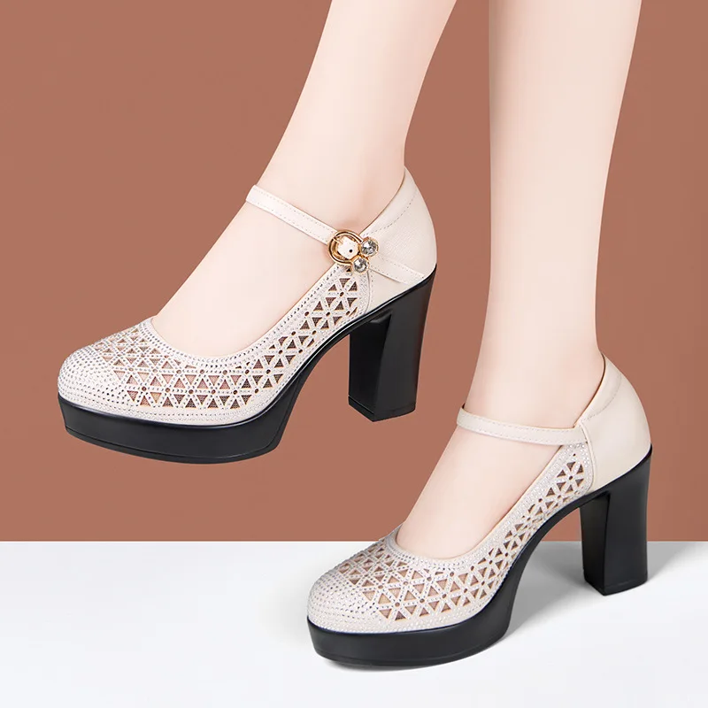 Elegant Mesh Crystal Genuine Leather Platform Pumps 6cm 9cm 11cm High Heels for Wedding Party Spring 2025 Block Heel Shoe Model