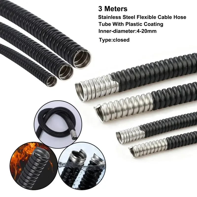 4-20mm PVC Coated 304 Steel Corrugated Tube Hose Plastic-Coated LiquidTight Flexible Metal Conduit 3 Meters for Cable Protection