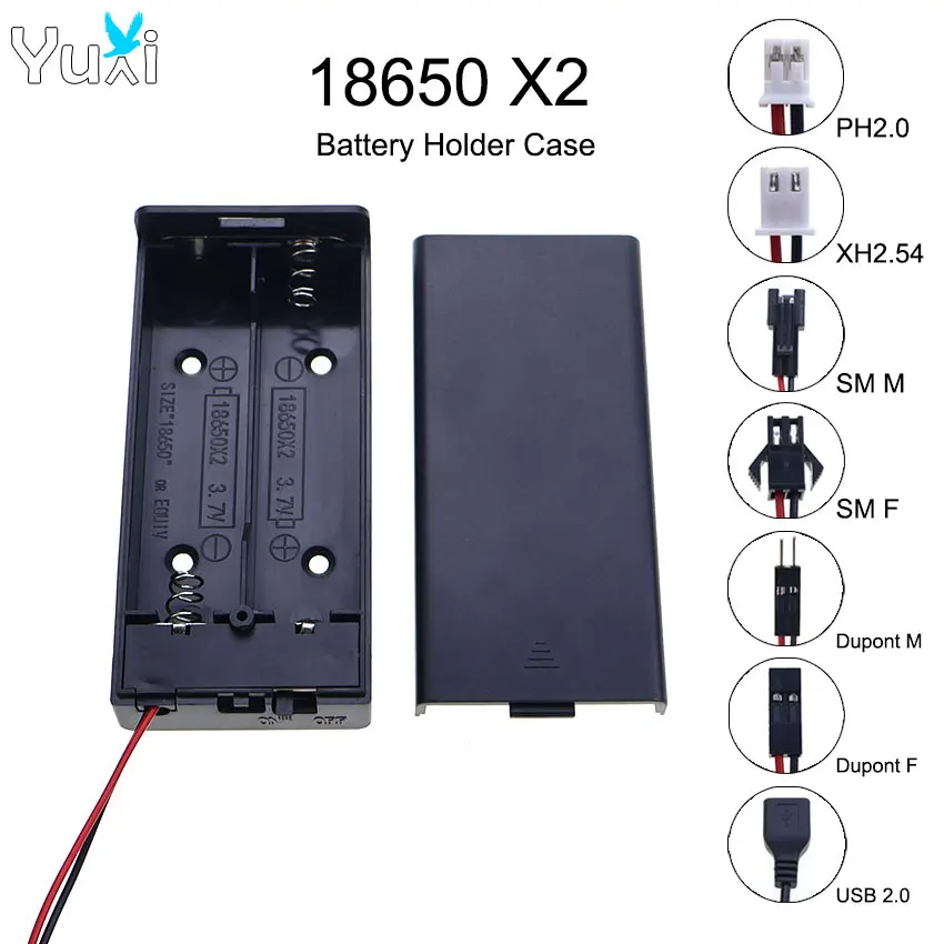 YuXi 1 Stück 18650 x 2 Batteriehaltergehäuse, Batteriekasten mit Abdeckung, Anschlusskabel PH2.0/XH2.54/SM/Dupont/USB-Stecker