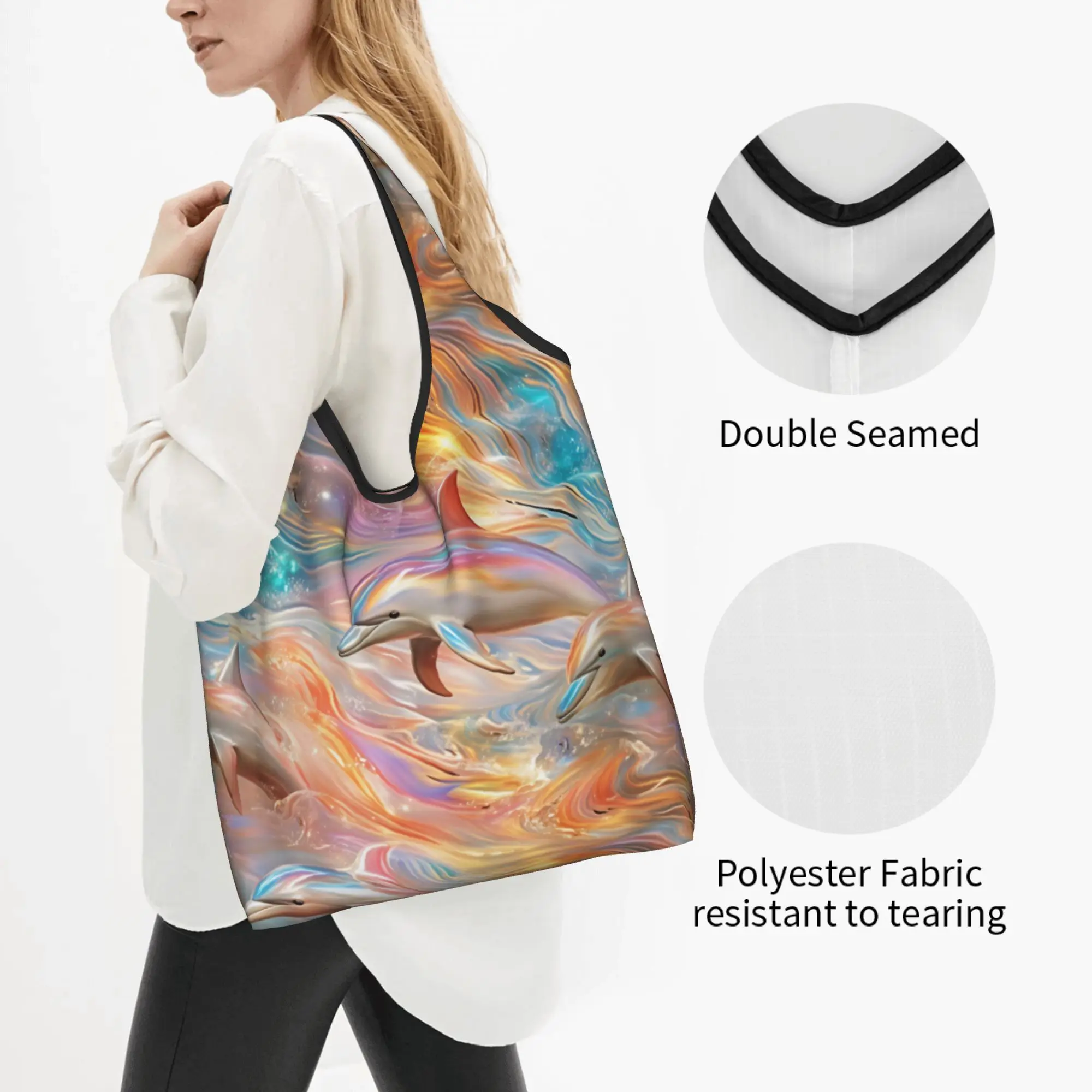 Custom Sun Painted Dolphins Shopping Bag Women Portable Large Capacity Grocery Funny Colourful Creative  Tote Shopper Bags