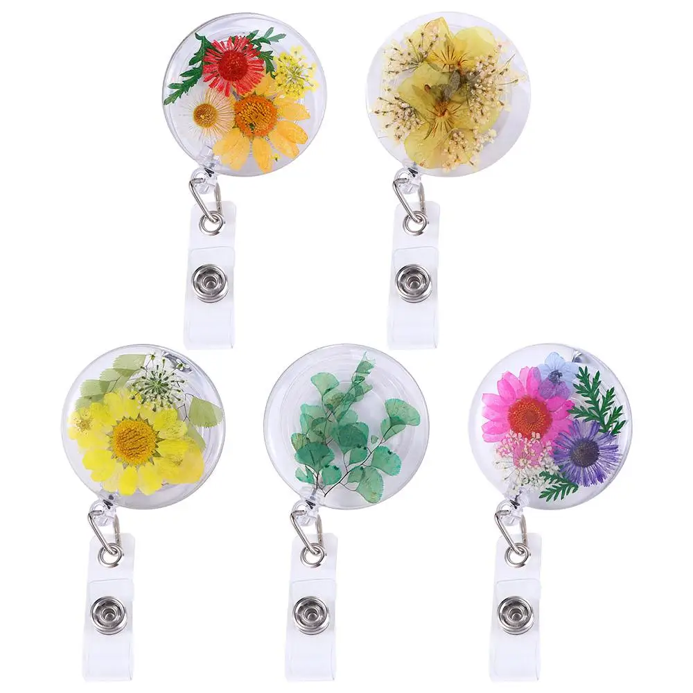 Clip Work Badge Charm Pressed Floral Resin Key Holder Charms Jewelry Card Badge Holder Badge Reel ID Lanyard Reels Keyring