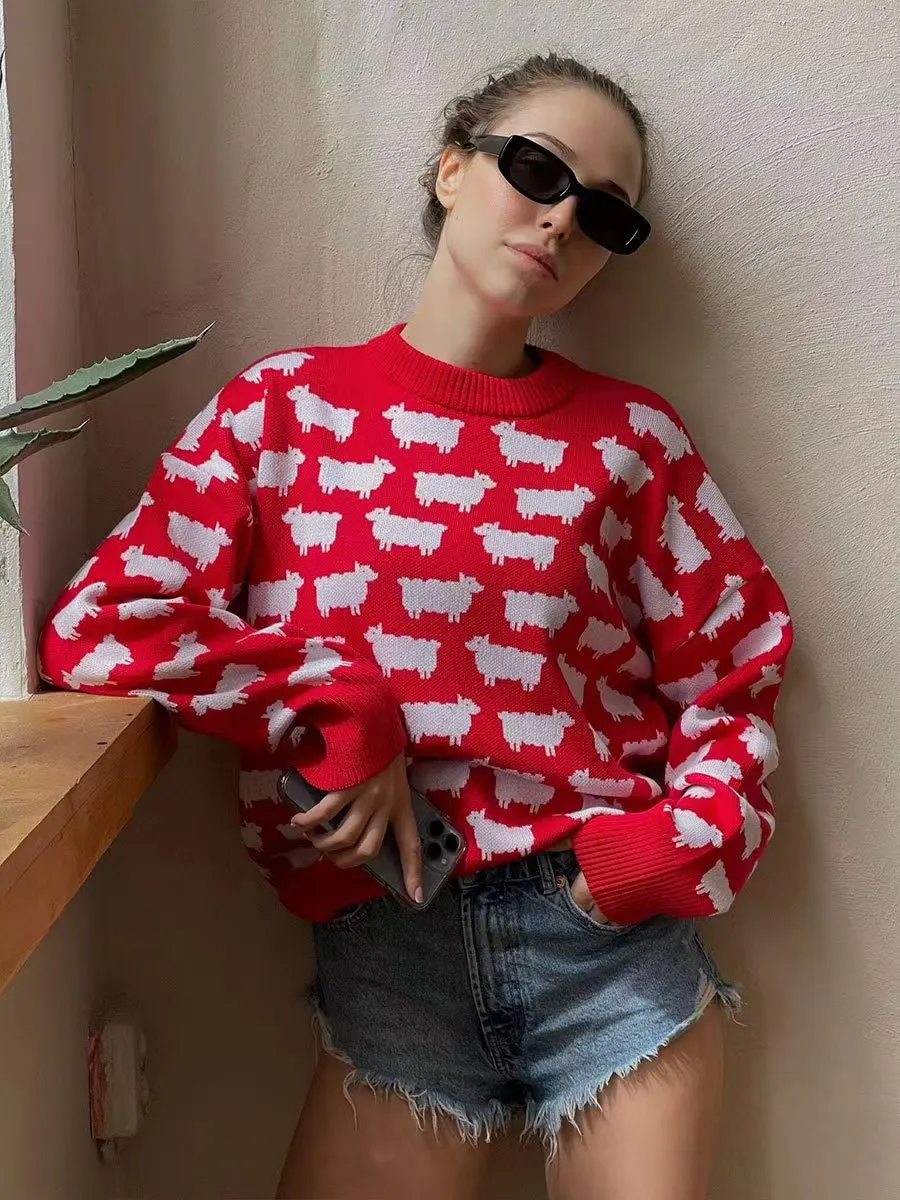 Loose Casual Long Knitted Small Wool Sweater round Ne Comfortable Winter Women's Faion Commute Sle Long Sve Bear/Pig...