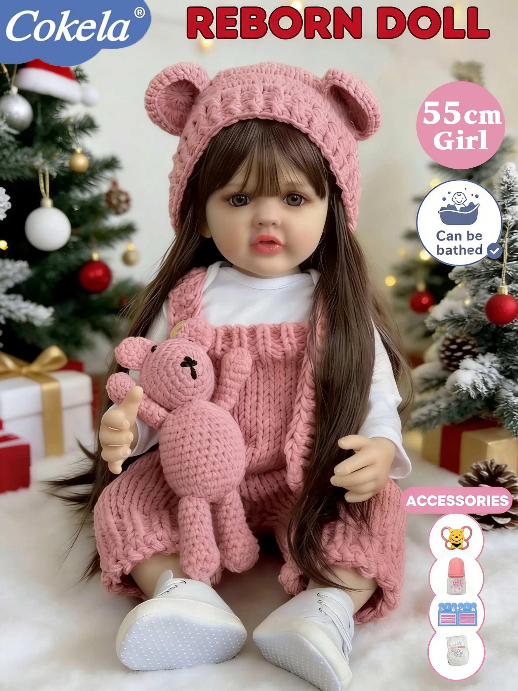 

Cokela 22inch 55cm Realistic Baby Doll Cute Vinyl Doll Real Soft Touch Kid Toy Doll Hand-Rooted Hair Silicone Reborn Baby