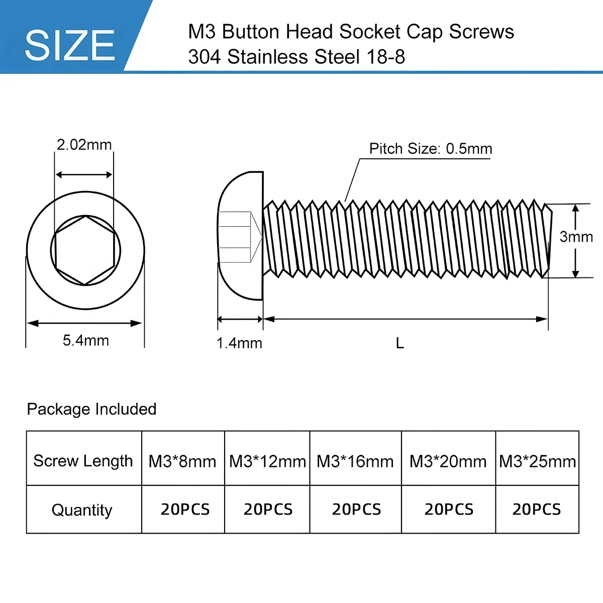100/200PCS M3 x 8mm 12mm 16mm 20mm 25mm Button Head Socket Cap Screws Bolts Kit Stainless Steel 304 Metric Allen Hex