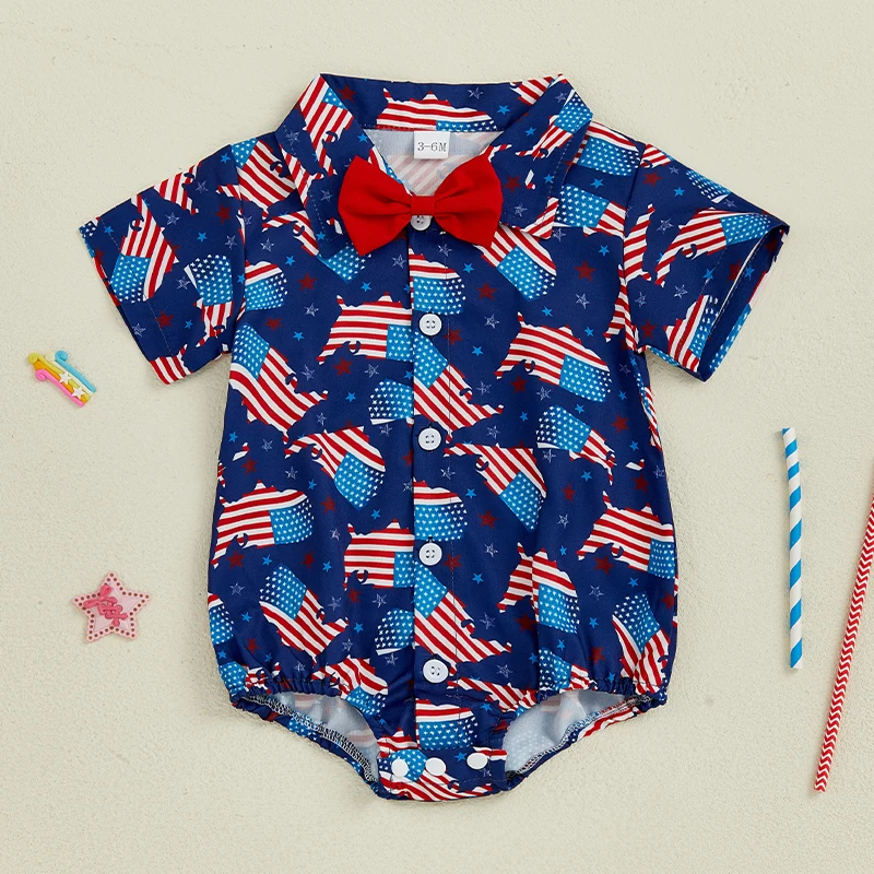 

Комбинезон для мальчика на 4 июля, боди с короткими рукавами и воротником с американским флагом и галстуком-бабочкой, милая летняя одежда, комплект из 2 предметов