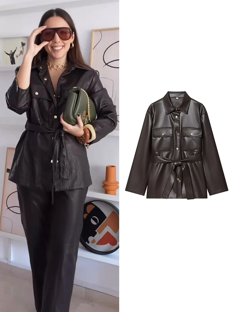 

Винтажная женская куртка из искусственной кожи с поясом, уличная мода, отложной воротник, длинные рукава, карманы, пальто, осенняя женская верхняя одежда