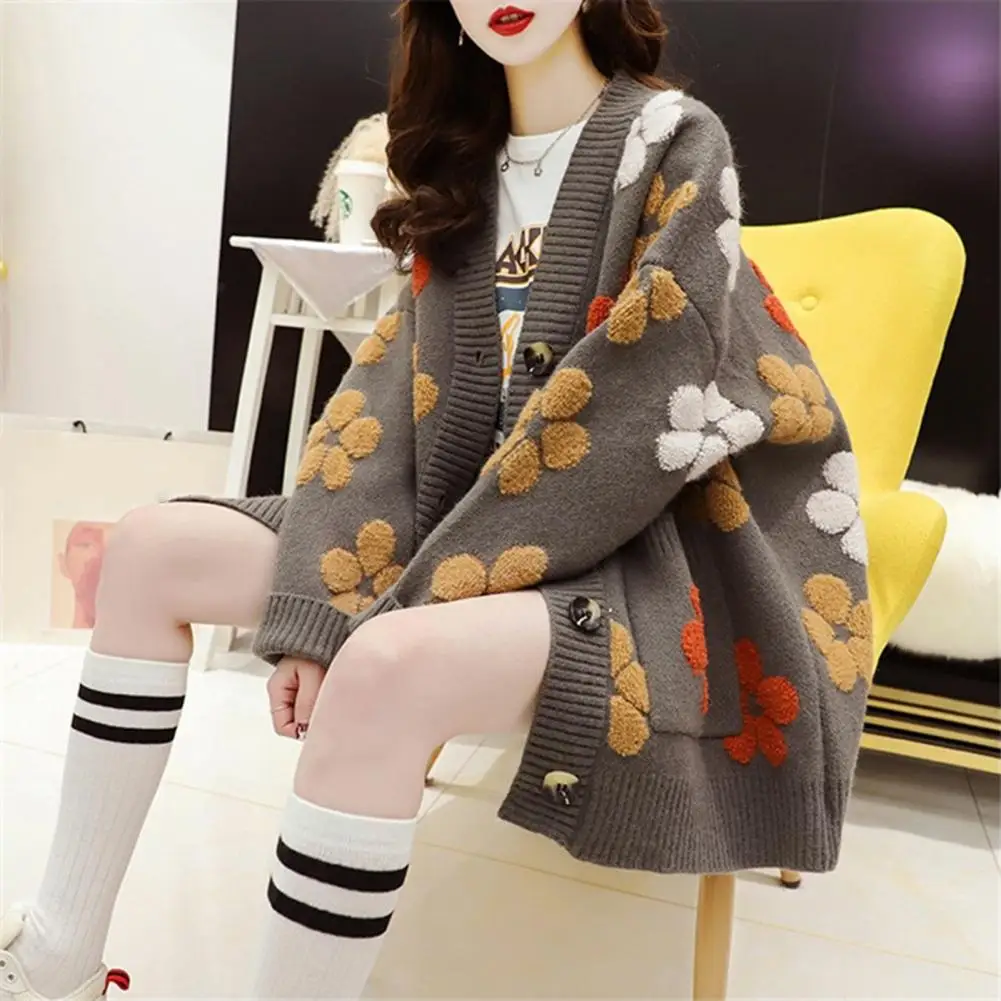 

Wool Sweater Coat Women Cardigan Jacket Stylish Women's V-neck Jacquard Sweater Coat with Floral Design Long Sleeves for Autumn