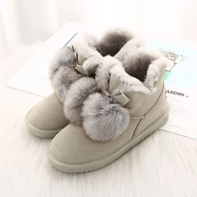 G&Zaco Women Sheep Wool Boots Genuine Leather Ball Fox Fur Snow Boots Shoes Cowskin Sheep Fur Boots Flat Warm Winter Shoes