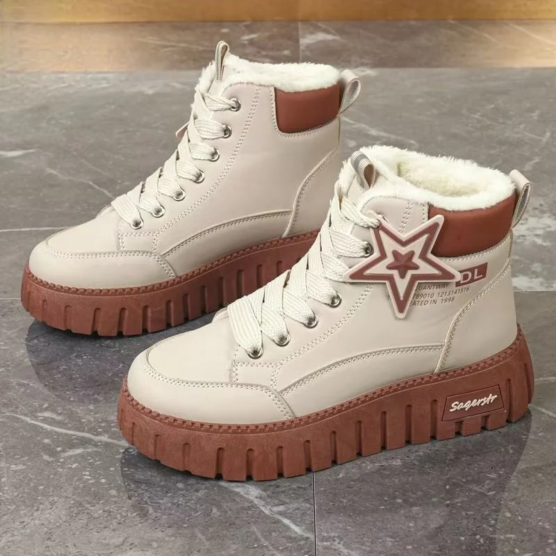 

Women Winter New High Top Big Size Snow Boots Thick Sole Non Slip Waterproof Round Toe Lace Up Plush Keep Warm Cotton Shoes