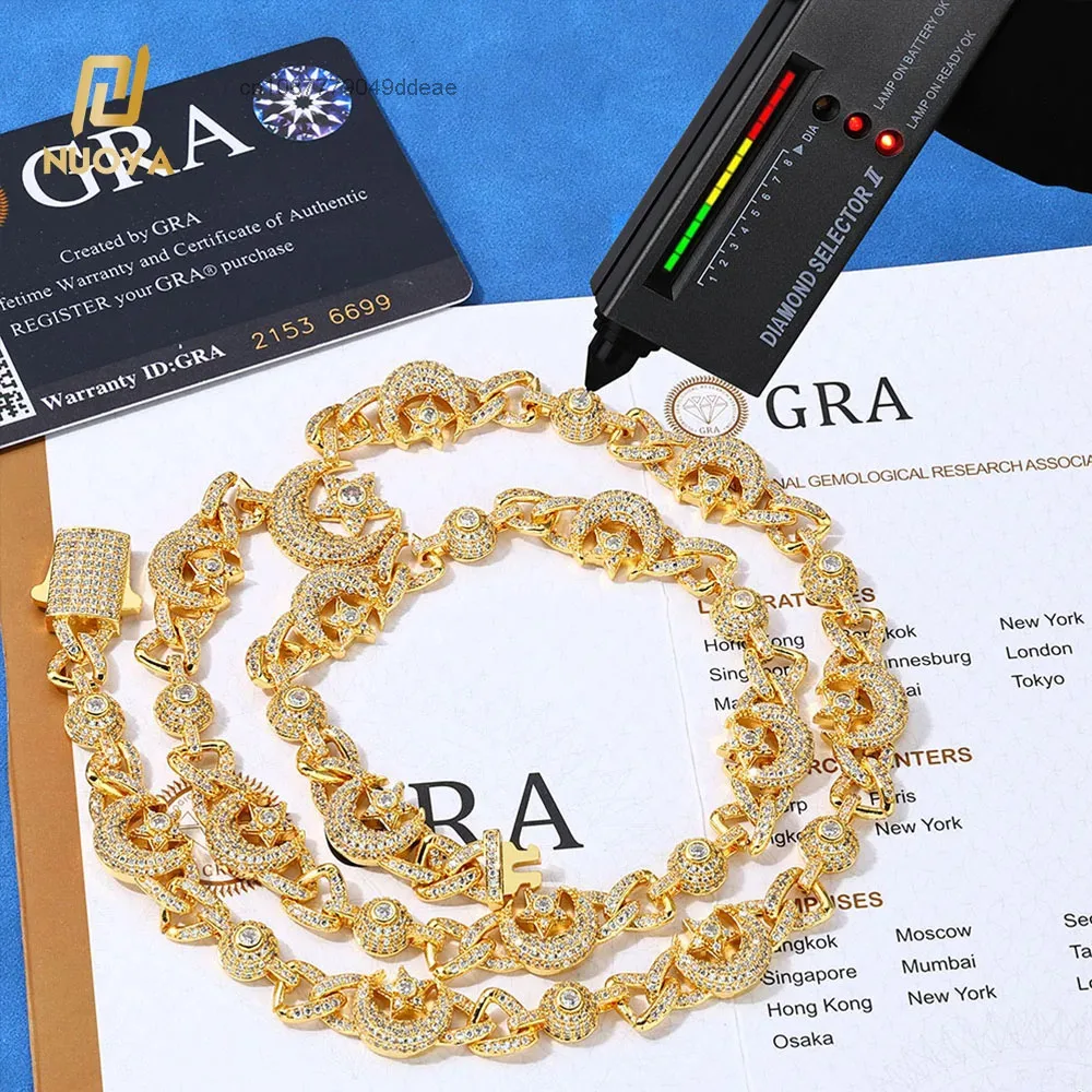 925 NUOYA Sterling Silver Moissanite Moon Star Cuban Link Chain Necklace 18K Gold Plated Iced Out Diamond Hip Hop Jewelry..