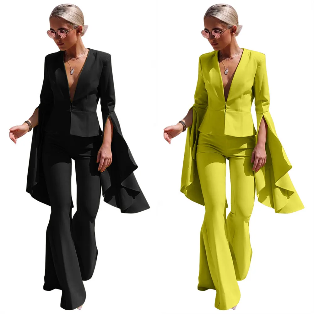 VANHAO Streetwear Chic Sleeve Blazer and Long Flare Pants Solid Color Two Piece Set Women Outfit 2023 Wholesale Dropshipping