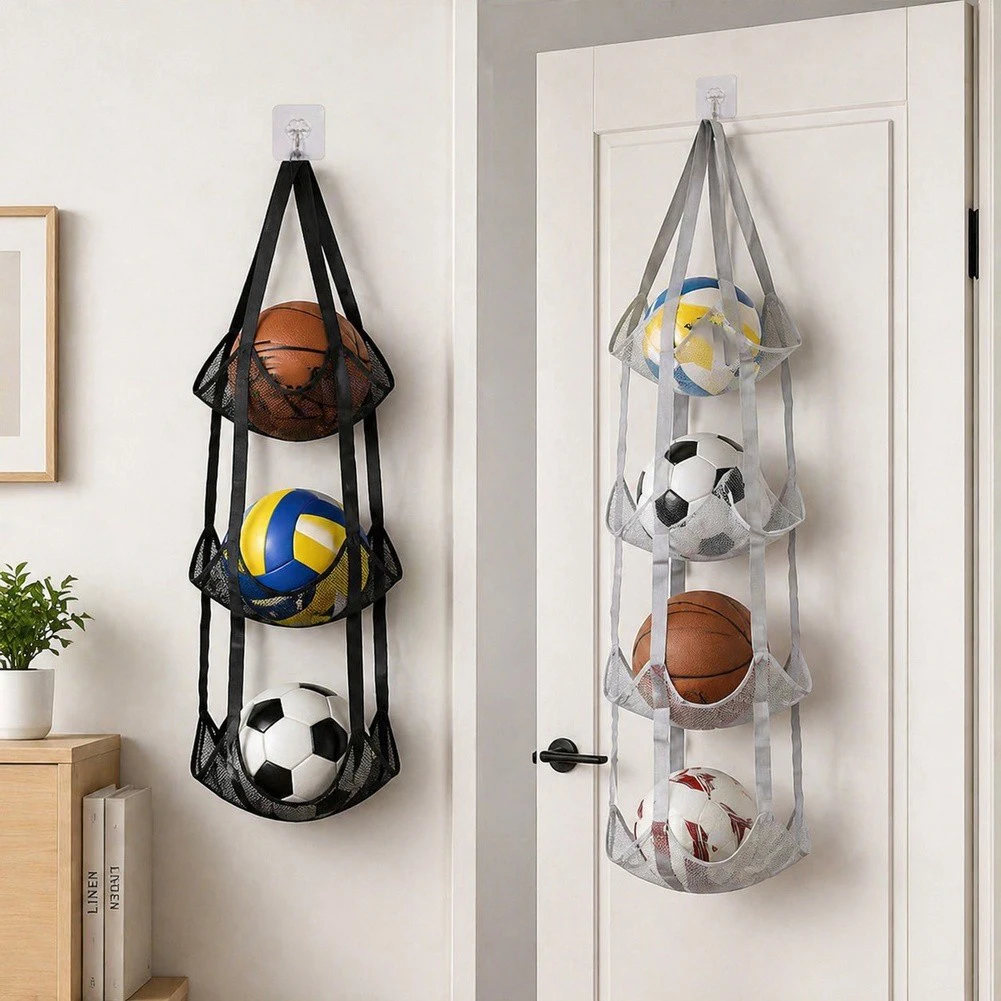 Space Saving Wall Mounted 4 Tier Ball Rack Designed to Hold Sports Gear and Play Items in Bedrooms Garages or Commercial Areas