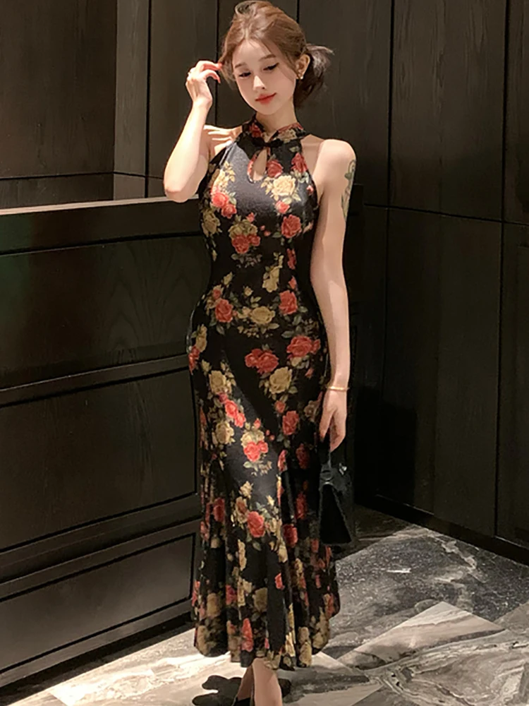 Abito lungo sexy montato al collo floreale moda donna elegante abito arricciato primavera estate 2025 abiti aderenti moda coreana