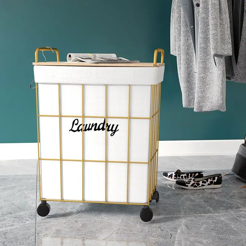 

Simple Household Laundry Baskets with Wheels Dirty Clothes Storage Basket Bathroom Wrought Iron Home Sundries Storage Organizer