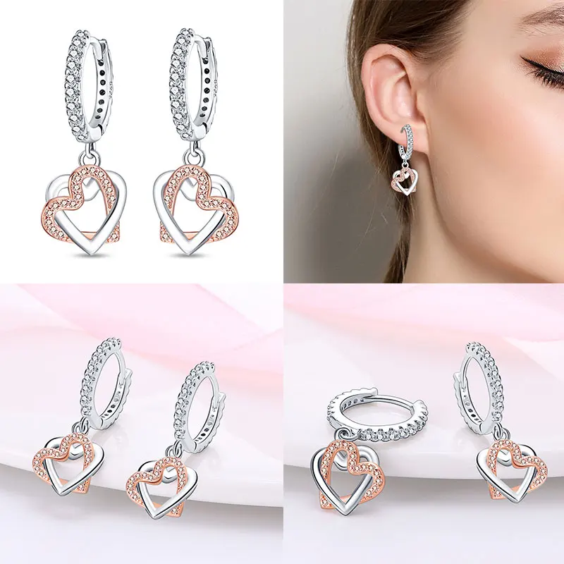 2024 Hot Sale 100% 925 Sterling Silver Heart to Heart Mother's Day Heart Shaped Pink Women's Earrings for Party Anniversary Gift