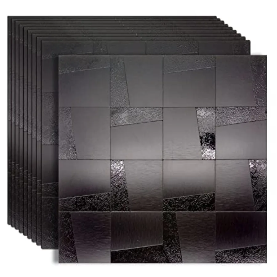 

Kitchen backsplash application: brushed black aluminum, 3D mosaic texture, self-adhesive peel-and-stick metal panel, 11.81x11.8