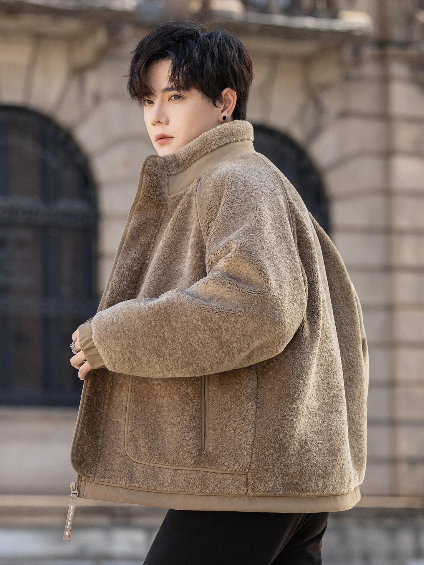 

Lamb Fur Hooded Parka Jaet Thiened Winter Coat for Men Youth Warm Stand Collar down Jaet Polyester Fiber Ci Casual Sle