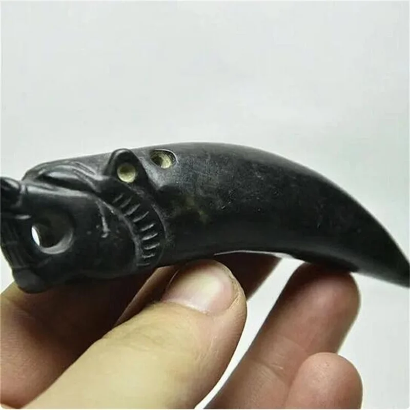 Chinese HongShan culture Meteorite jade carved Tiger head Old tooth Pendant