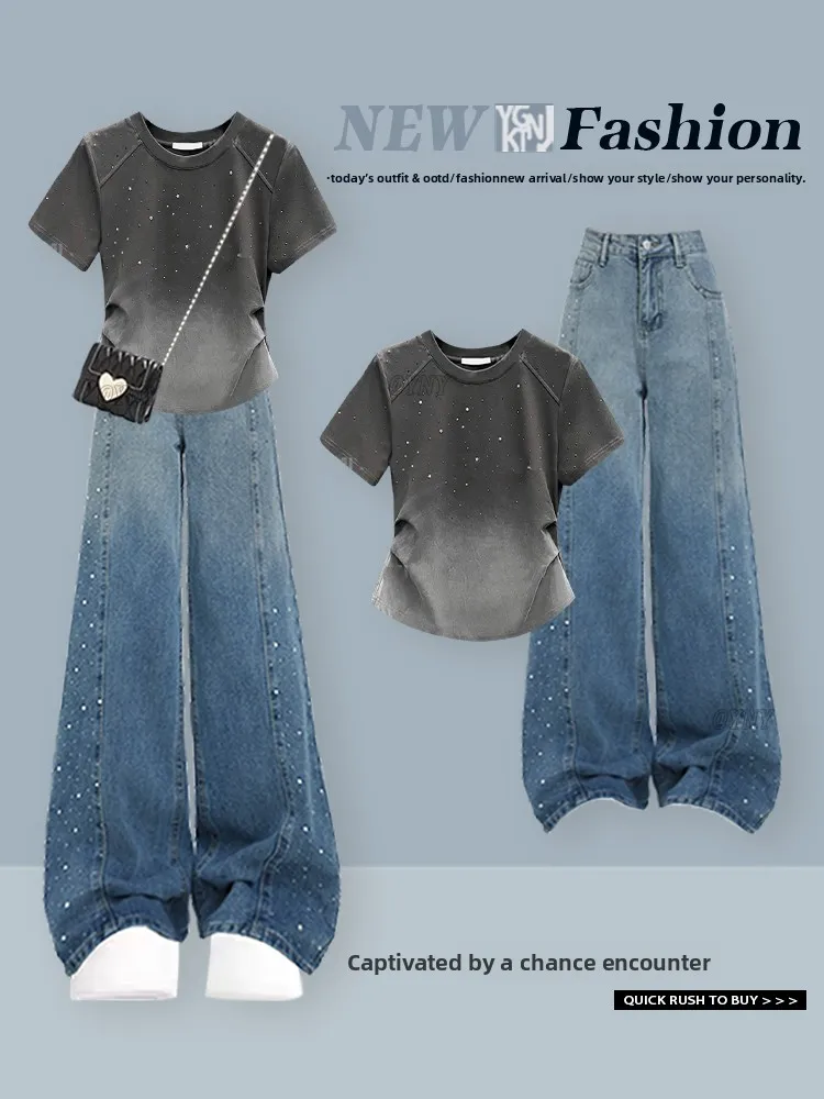 

Korean Casual Gradient T-Shirt Women's Wide Leg Diamond Embellished Jeans Summer Slimming Anti-Aging Two-Piece Set