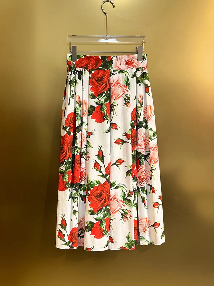 Fashion Elegant Women  Beach Holiday Skirt 100% Cotton Flower Printing Half Dress High Street Lady Empire Expansion