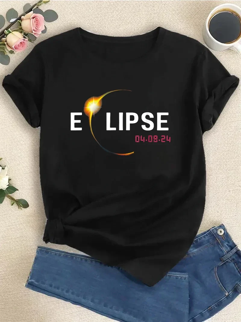 

2024 Solar Eclipse 2024 04.08.24 Eclipse Women's Round Neck T-shirt Short Sleeve Round Neck Top Women's T-shirt